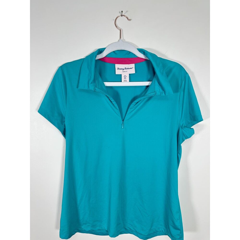 Tommy Bahama Golf Shirt Womens L Teal Quarter Zip Short Sleeve Polo Tropical
